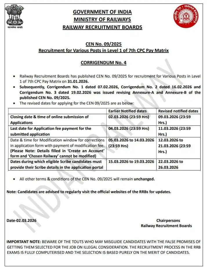 Railway recruitment notice for candidates