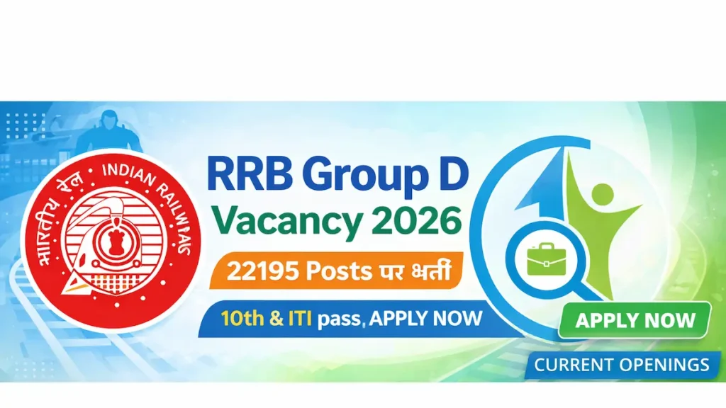 RRB Group D Recruitment 2026 banner showing 22195 posts for 10th and ITI pass candidates by Indian Railways – Current Openings
