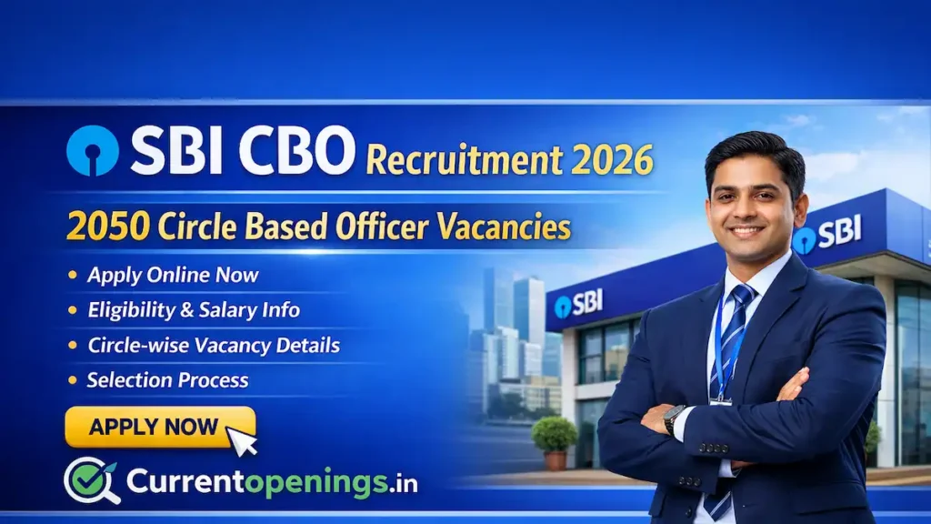SBI CBO Recruitment 2026 banner showing 2050 Circle Based Officer vacancies – Apply Online at currentopenings.in