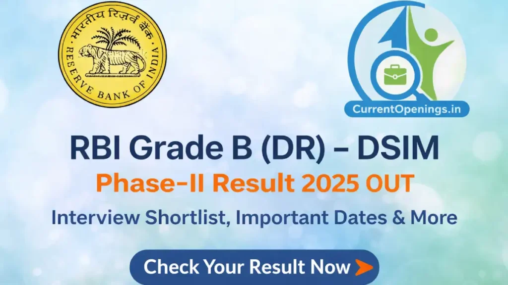 RBI Grade B (DR) DSIM Phase-II Result 2025 banner showing interview shortlist announcement with official RBI logo and CurrentOpenings.in branding.