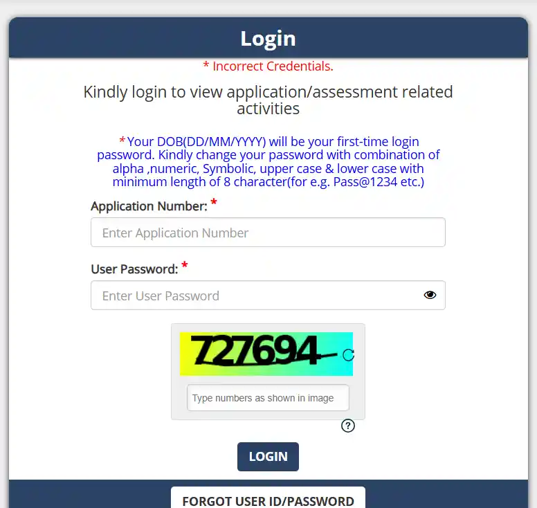 Login page with credentials to download admit card from DSSSB 