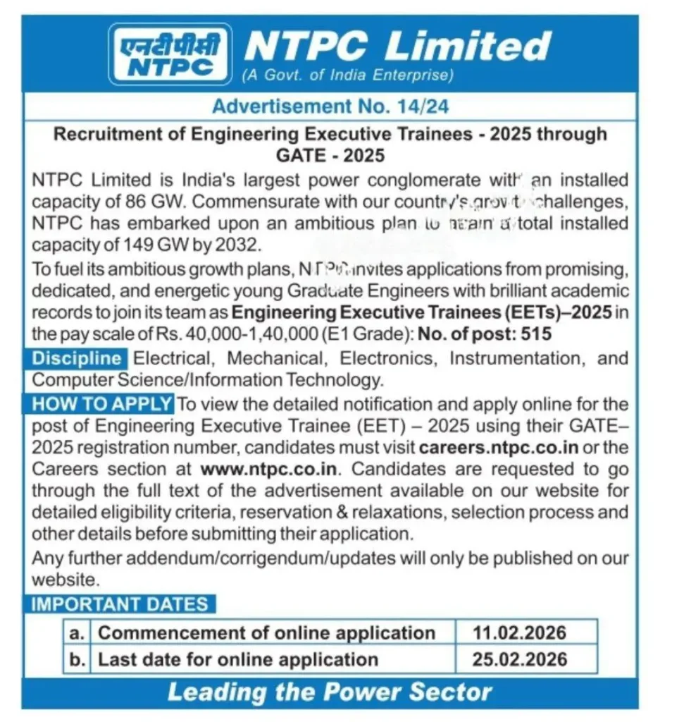 NTPC EET Recruitment 2026 notification for 515 Engineering Executive Trainee posts through GATE 2025