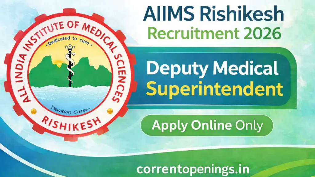 AIIMS Rishikesh Recruitment 2026 featured image showing Deputy Medical Superintendent Group-A vacancy with official AIIMS logo and correntopenings.in branding in blue-green theme.