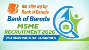 Bank of Baroda MSME Recruitment 2026 featured image showing 253 contractual vacancies with official BOB logo and CurrentOpenings.in logo.