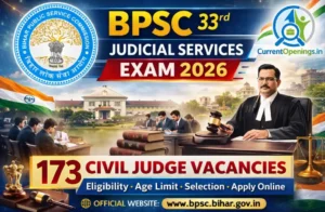 BPSC 33rd Judicial Services Examination 2026 banner showing 173 Civil Judge vacancies under Bihar Public Service Commission with official logos.