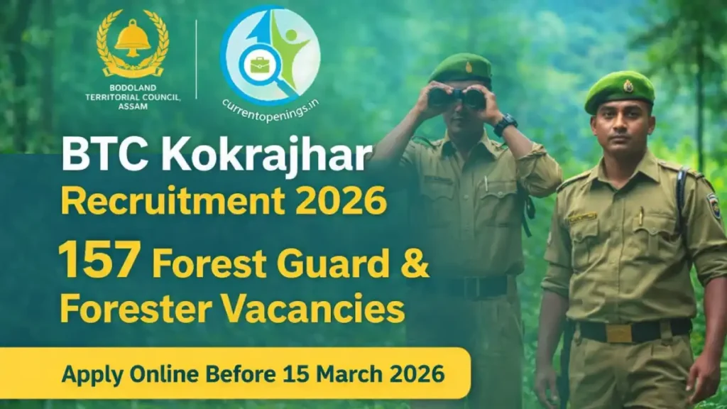 BTC Kokrajhar Recruitment 2026 featured image showing 157 Forest Guard and Forester vacancies under Bodoland Territorial Council Assam