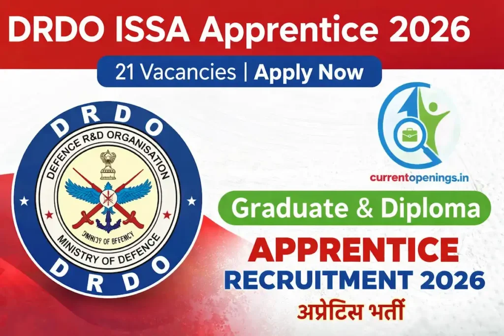 DRDO ISSA Apprentice Recruitment 2026 featured image showing DRDO logo, 21 vacancies and CurrentOpenings.in branding