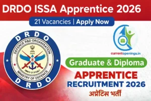 DRDO ISSA Apprentice Recruitment 2026 featured image showing DRDO logo, 21 vacancies and CurrentOpenings.in branding