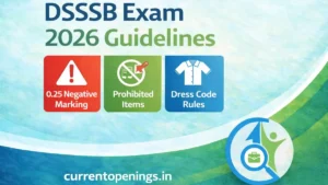 DSSSB Exam 2026 guidelines featured image showing 0.25 negative marking rule, prohibited items list and dress code instructions with currentopenings.in branding.