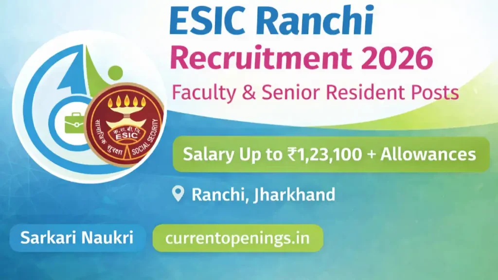 ESIC Ranchi Recruitment 2026 featured image showing faculty and senior resident posts with salary up to ₹1,23,100 and job location Ranchi Jharkhand.
