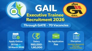 GAIL Executive Trainee Recruitment 2026 notification banner showing 70 vacancies through GATE 2026 with official GAIL logo and CurrentOpenings.in branding.