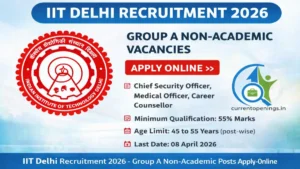 IIT Delhi Recruitment 2026 featured banner showing Group A non-academic vacancies including Chief Security Officer, Medical Officer, Career Counsellor and Superintending Engineer apply online before 08 April 2026