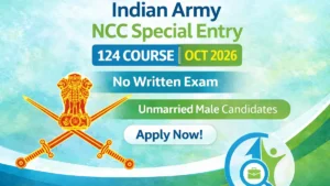 Indian Army NCC Special Entry 124 Course October 2026 featured image showing Army insignia and currentopenings.in logo with no written exam announcement.