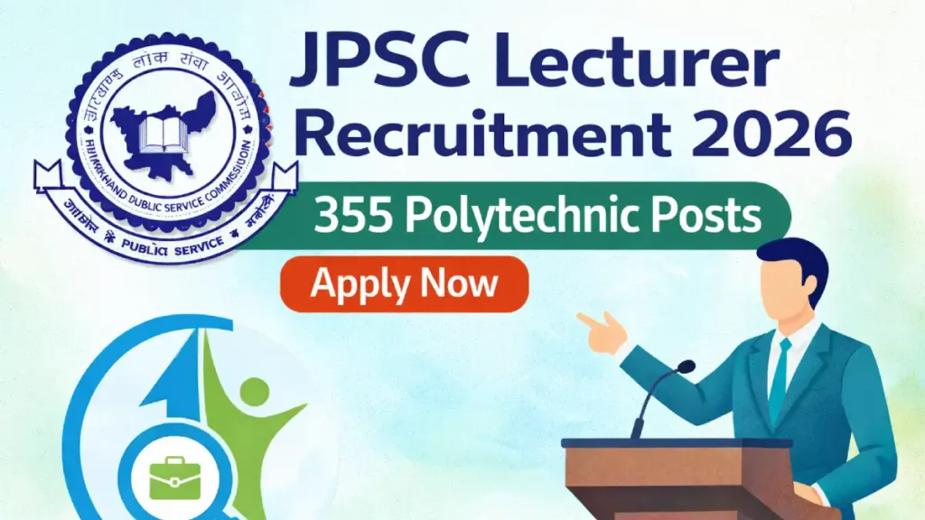 JPSC Lecturer Recruitment 2026 notification for 355 Polytechnic posts with Jharkhand Public Service Commission logo and CurrentOpenings.in branding