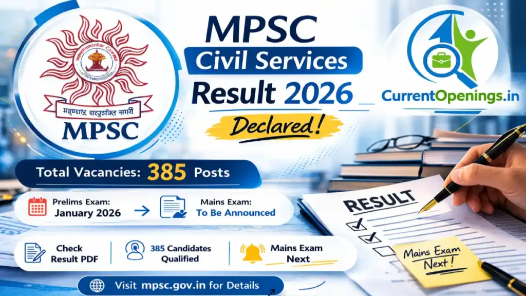 MPSC Civil Services Result 2026 declared for 385 vacancies with Prelims result details and Mains exam update by Maharashtra Public Service Commission.