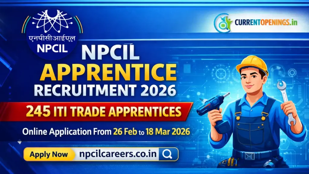 NPCIL Apprentice Recruitment 2026 notification banner showing 245 ITI Trade Apprentice vacancies at Rawatbhata Rajasthan Site with application dates 26 Feb to 18 March 2026