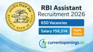 RBI Assistant Recruitment 2026 featured image showing RBI logo, 650 vacancies and salary ₹58,514 with currentopenings.in branding