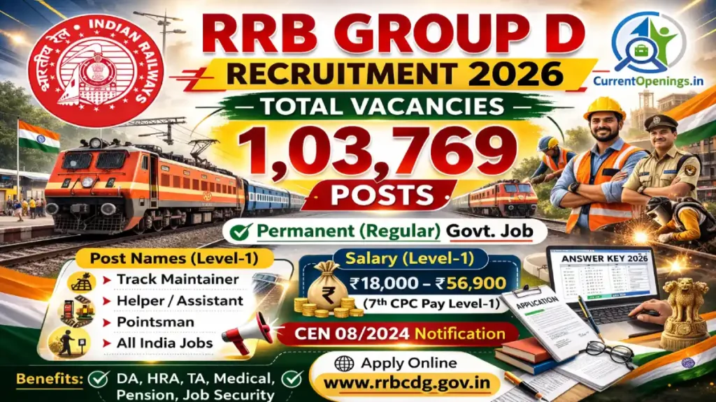 RRB Group D Recruitment 2026 featured image showing 1,03,769 total vacancies, permanent Level-1 government jobs under Indian Railways with salary details and benefits.