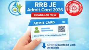 RRB JE Admit Card 2026 download image showing Junior Engineer hall ticket and Indian Railways logo