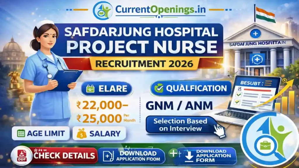 Safdarjung Hospital Project Nurse Recruitment 2026 walk-in interview for GNM ANM candidates with salary ₹22000 to ₹25000 per month.