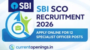 SBI SCO Recruitment 2026 featured image showing SBI logo and CurrentOpenings.in logo for 12 Specialist Officer vacancies