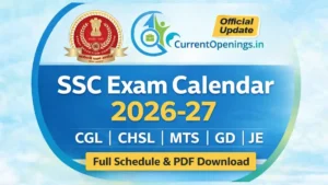 SSC Exam Calendar 2026-27 notification and exam schedule with Staff Selection Commission logo and CurrentOpenings.in branding