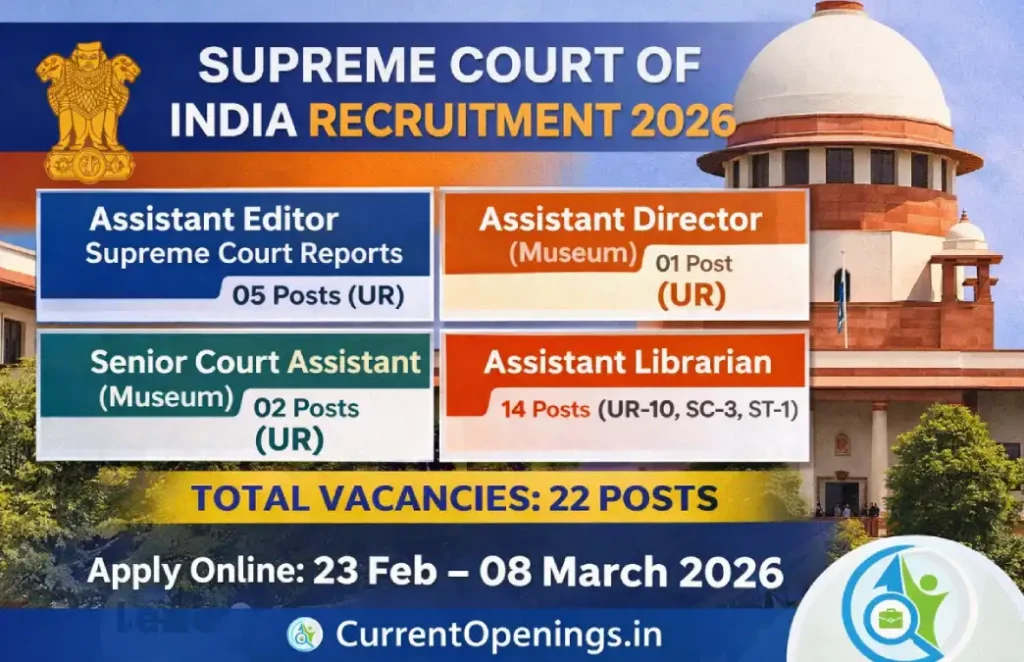 Supreme Court of India Recruitment 2026 notification for 22 vacancies including Assistant Editor, Assistant Librarian and Museum posts