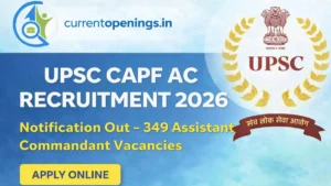 UPSC CAPF AC Recruitment 2026 featured image showing 349 Assistant Commandant vacancies with UPSC logo and currentopenings.in branding
