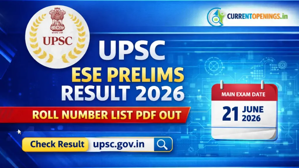 UPSC Engineering Services Prelims Result 2026 banner showing roll number list PDF release and ESE Main Exam date 21 June 2026 with UPSC and CurrentOpenings.in logos
