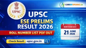 UPSC Engineering Services Prelims Result 2026 banner showing roll number list PDF release and ESE Main Exam date 21 June 2026 with UPSC and CurrentOpenings.in logos