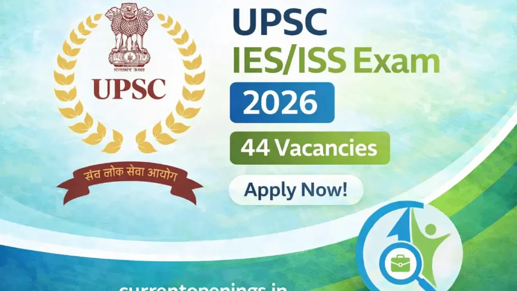 UPSC IES ISS Exam 2026 featured image showing UPSC logo and currentopenings.in branding announcing 44 vacancies for Indian Economic and Statistical Service.