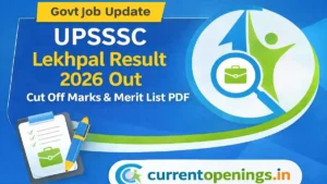 UPSSSC Lekhpal Result 2026 cut off marks and merit list PDF announcement with UPSSSC logo and currentopenings.in branding