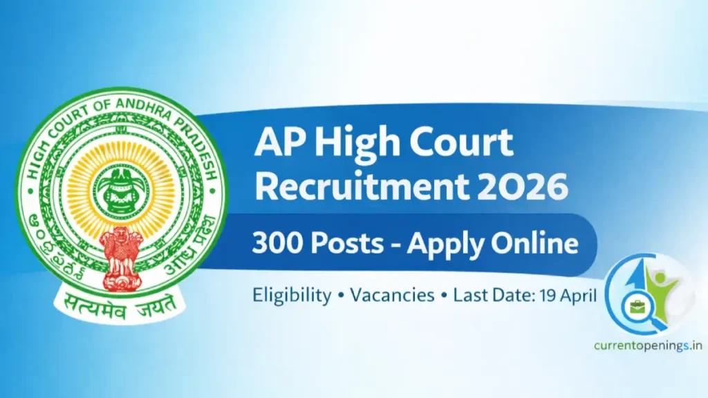 AP High Court Recruitment 2026 banner showing 300 vacancies apply online last date 19 April