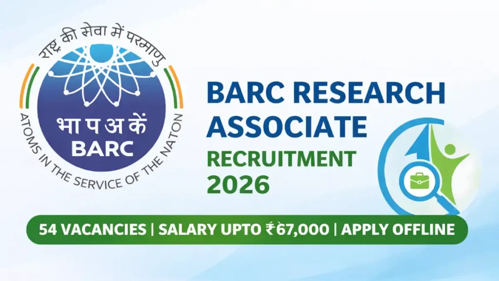 BARC Research Associate Recruitment 2026 banner showing 54 vacancies and salary up to ₹67,000
