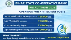 Bihar State Co-Operative Bank Recruitment 2026 banner showing 7 PIT expert vacancies with salary and last date 15 April 2026