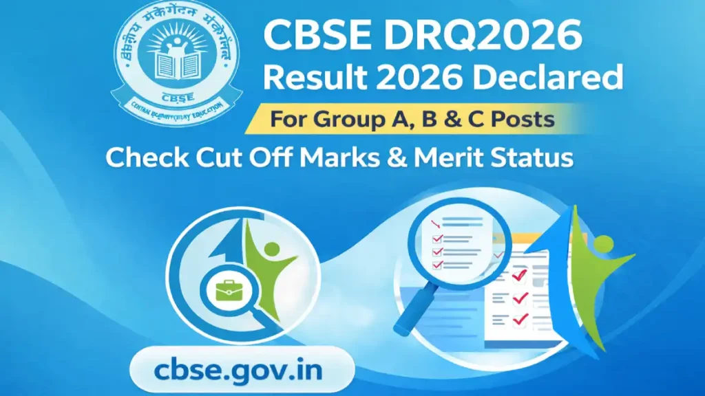 CBSE DRQ2026 Result 2026 declared for Group A B and C posts showing cut off marks and merit status with CBSE logo and CurrentOpenings.in branding.