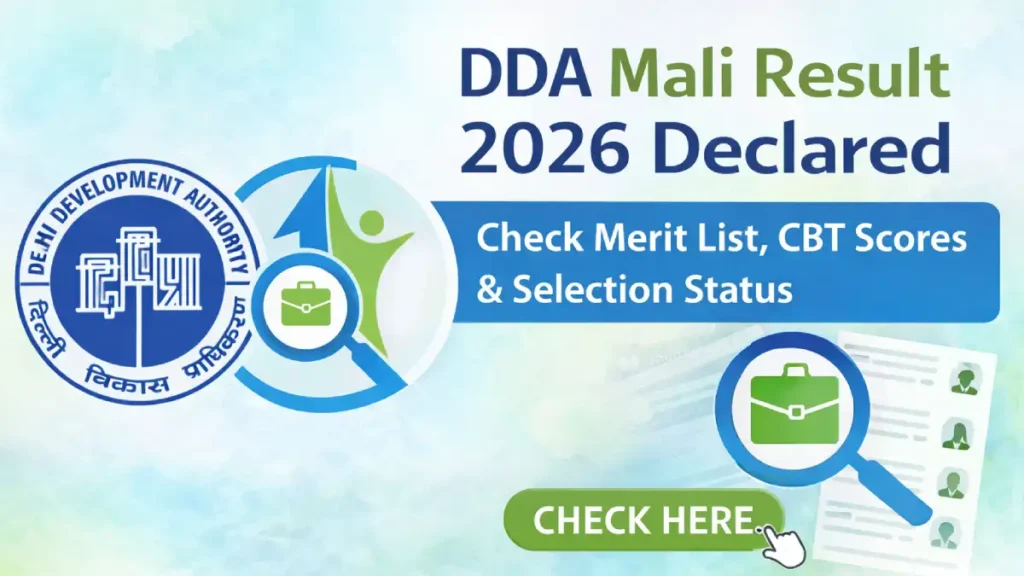 DDA Mali Result 2026 banner showing merit list, CBT scores and selection status check details