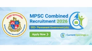 MPSC Combined Recruitment 2026 banner showing 592+ permanent government jobs with MCGM and CurrentOpenings logo