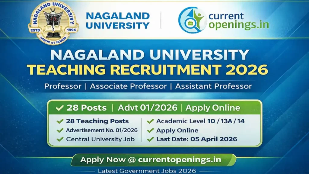Nagaland University Recruitment 2026 Teaching Posts notification for 28 Professor, Associate Professor and Assistant Professor vacancies