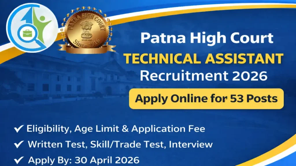 Patna High Court Technical Assistant Recruitment 2026 apply online for 53 posts banner with eligibility, age limit and last date details