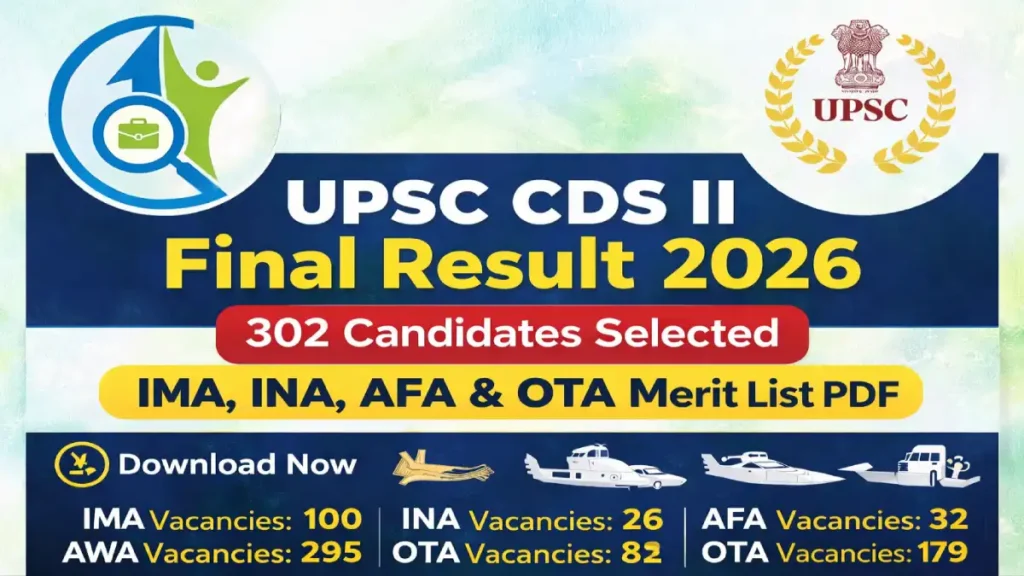 UPSC CDS II Final Result 2026 banner showing 302 candidates selected for IMA INA AFA OTA