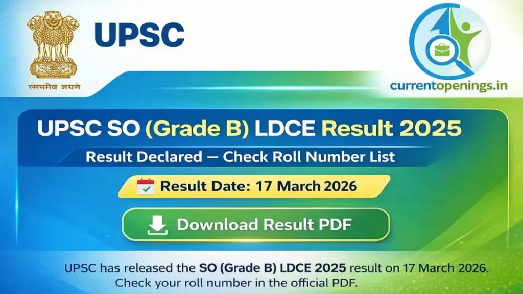 UPSC SO Grade B LDCE Result 2025 banner showing result declared and download PDF