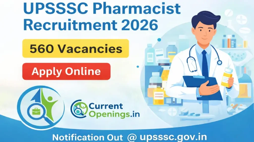 UPSSSC Pharmacist Recruitment 2026 featured image showing 560 vacancies with Apply Online button and CurrentOpenings.in branding