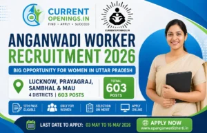 Anganwadi Worker Recruitment 2026 banner showing 603 vacancies in Lucknow Prayagraj Sambhal and Mau districts Uttar Pradesh