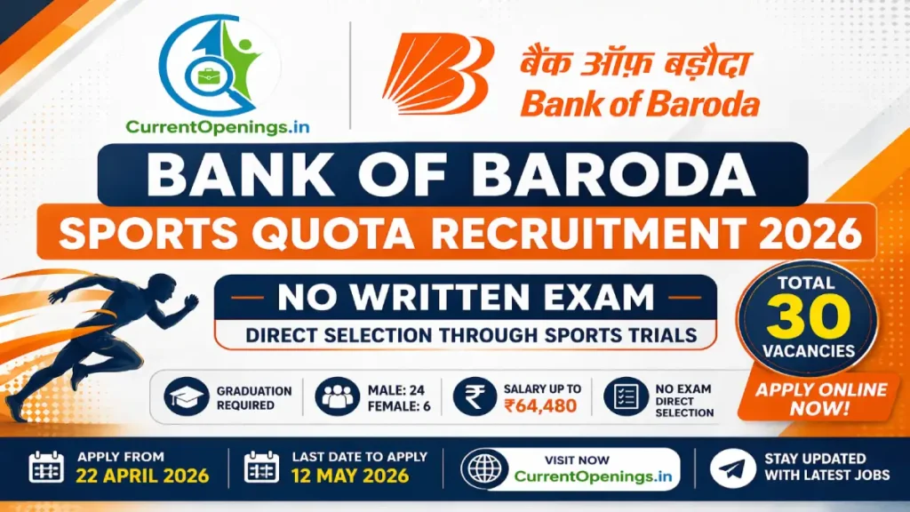 Bank of Baroda Sports Quota Recruitment 2026 no written exam clerk vacancy apply online