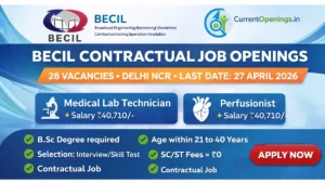 BECIL Recruitment 2026 banner for 28 vacancies including Medical Lab Technician and Perfusionist posts with ₹40710 salary