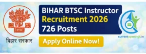 Bihar BTSC Instructor Recruitment 2026 banner with 726 ITI instructor vacancies apply online