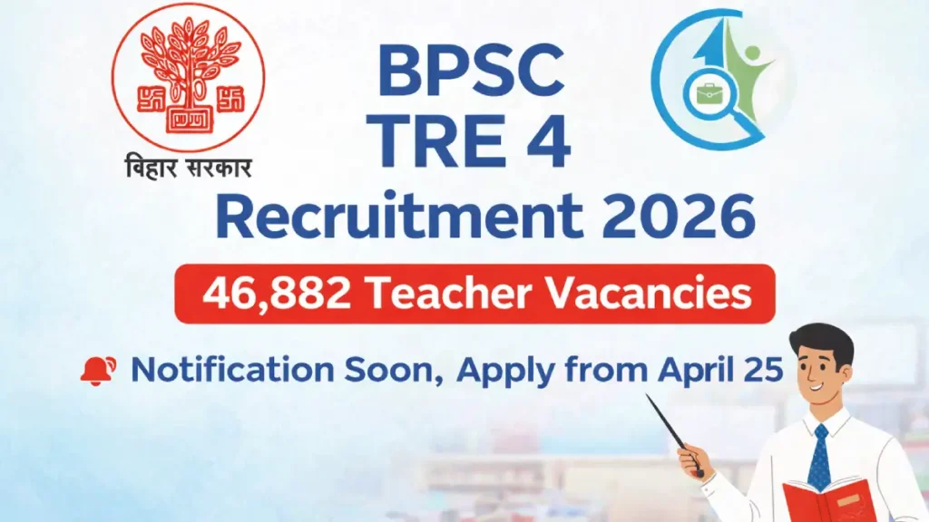 BPSC TRE 4 Recruitment 2026 banner showing 46882 teacher vacancies notification and apply date April 25