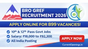 BRO GREF Recruitment 2026 banner showing 899 vacancies for 10th and 12th pass government jobs with salary up to ₹92300
