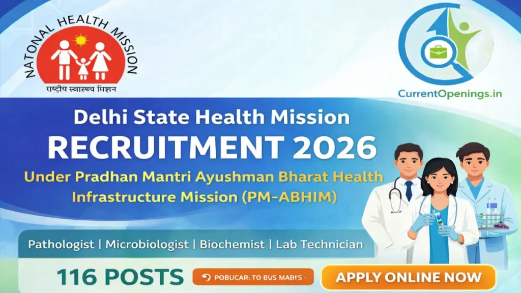 Delhi State Health Mission Recruitment 2026 banner with 116 vacancies for Pathologist, Microbiologist, Biochemist and Lab Technician under PM-ABHIM